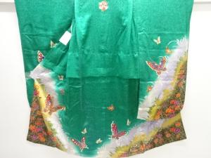 アンティーク　蝶に草花模様刺繍三つ紋着物(重ね衿付き)